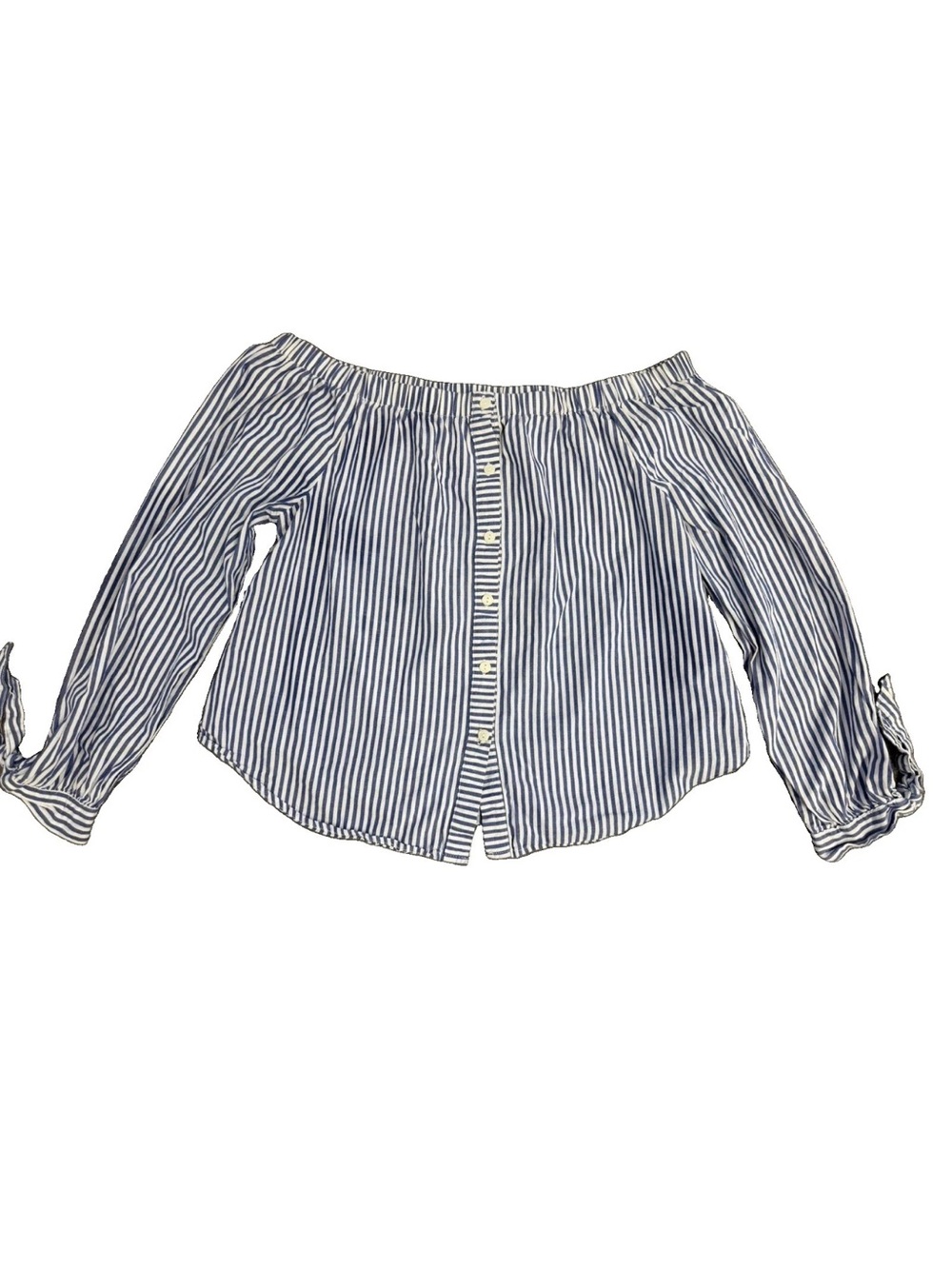 Haute Monde Off Shoulder Blouse Blue White Striped Cottagecore Coastal Preppy L